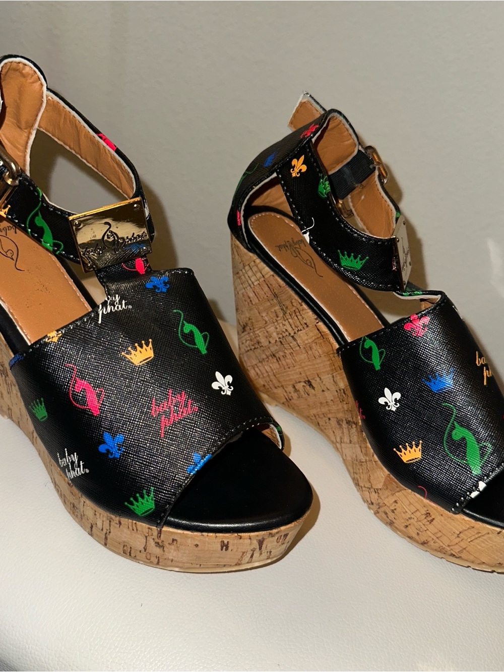 Baby Phat Black Cork Wedge Sandals with Multicolor Motifs
